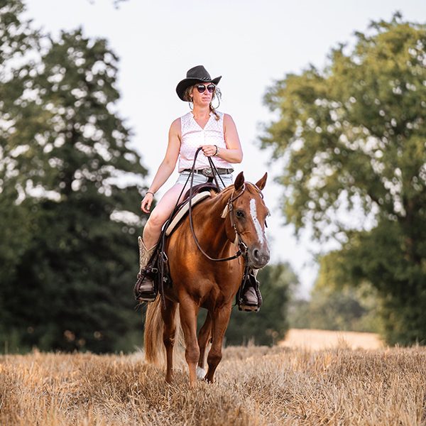 Westernreiterin mit Quarter Horse Reiterin mit Cowboyhut auf einem braunen Pferd (Quarter horse) in einem Feld.