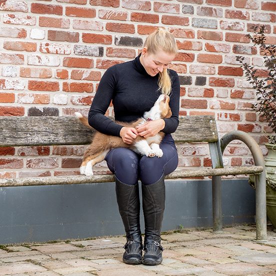 neugieriger Welpe Eine Frau sitzt auf einer Bank und hält einen kleinen Hund auf ihrem Schoß.